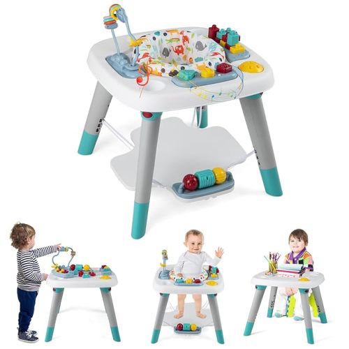 Baby Bouncer Activity Center, 6-in-1 Infant Jumper & Standing Play Table w/ 360° Rotary Seat, 5 Toys, 3 Adjustable Heights, Music & Sounds, Activity Center for Babies(Gray)