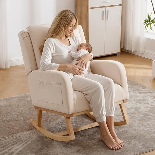 Rocking Chair Nursery, Nursing Rocking Chairs Upholstered, Glider Rocker with Lumbar Pillow and Side Pockets, Modern Rocker Chair for Bedroom, Living Room, Beige