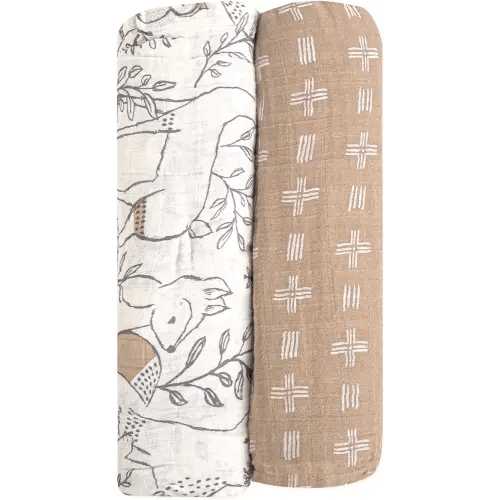 Crane Baby 100% Cotton Muslin Swaddle Blankets, Set of 2, 47" x 47", Boho Woodland Baby, Forest Animals Swaddle, Neutral Baby Items