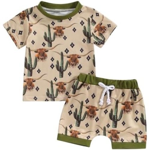 Lesimsam Baby Boy Girl Western Summer Outfits Cow Print Short Sleeve T-Shirt Top and Shorts Set Toddler Country Outfit