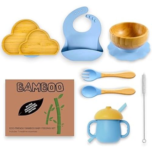 Bamboo Suction Plate and Bowl Set for Babies 7 Feeding Essentials Baby Led Weaning Supplies BPA Free Eco-Friendly (Blue)