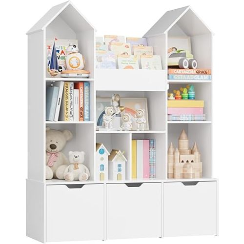 Toy Storage Organizer with Castle Roof, Large Kids Bookshelf Dollhouse with 3 Movable Drawers and 9 Storage Cubbies, Toy Organizers with 3-Tier Book Rack for Playroom, White