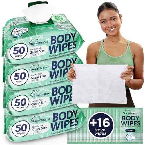 XL Body Wipes for Women, No Rinse Adult Bathing Wash Cloths - 4pk, 200 Shower Wipes + 16 Travel Bath Sheets -10"x11.5" Thick Cleansing Disposable Washcloths for Womens Hygiene & Elderly Incontinence