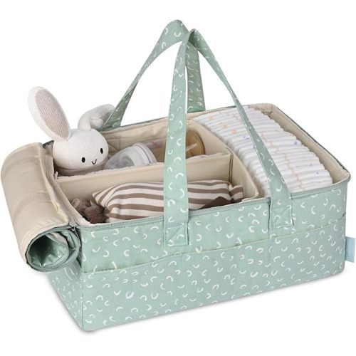 Diaper Caddy Organizer, Baby Basket for Baby Shower With Lid，Car Caddy for New Born，Portable and Foldable Baby Essentials with Handle/8 Side Pockets (cotton print)