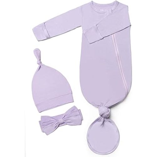 Knotted Gown Baby Newborn 0-3 Months, Baby Noah Zipper Tie Gown with Hat for Baby Girl Boy, Soft Stretchy Coming Home Outfit