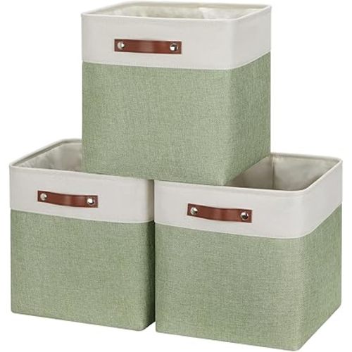 HNZIGE Foldable Storage Cubes & Baskets (3 Pack) - 13 Inch Storage Bin with Leather Handles for Toys, Clothes, Kids (White & Green)