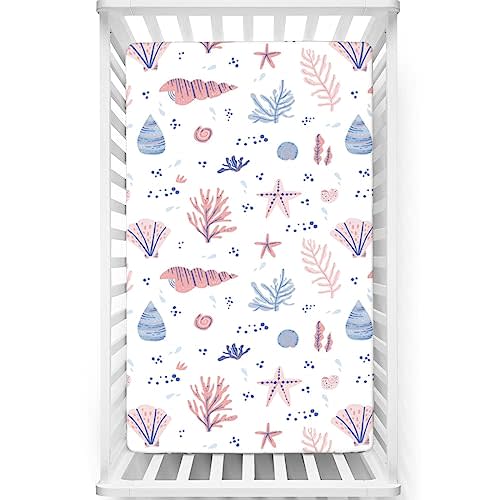 Coastal Themed Fitted Crib Sheet,Standard Crib Mattress Fitted Sheet Toddler Bed Mattress Sheets - Baby Crib Sheets for Girl or Boy,28“ x52“,White Blush and Ceil Blue
