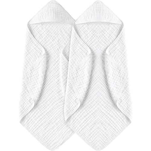 Yoofoss Hooded Baby Towel, 2 Pack, 100% Muslin Cotton, White, Soft & Absorbent, 32x32Inch, Newborn to 3 Years