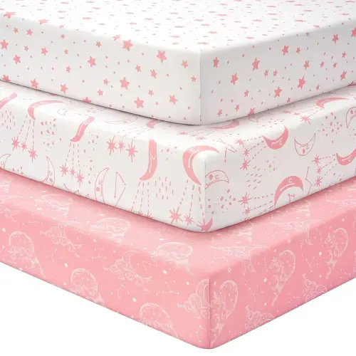 Baby Crib Sheets for Boys Girls, Fitted Crib Sheet Neutral 3 Pack for Standard Crib and Toddler Mattress, Breathable Soft Microfiber Baby Sheet 28x52x8in Pink White Moon