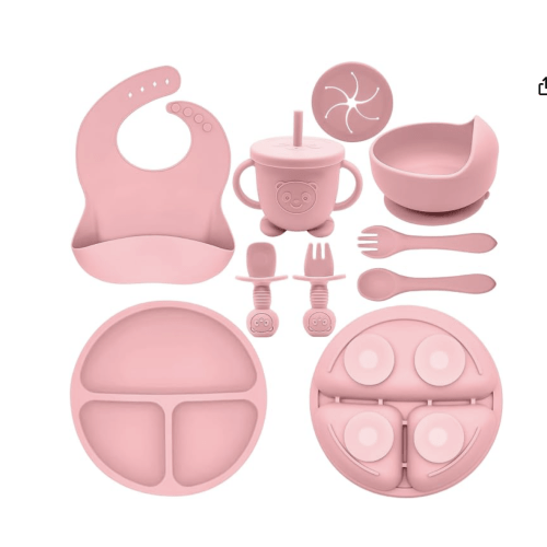 Silicone Baby Feeding Set | Baby Led Weaning Supplies Includes Suction Bowls and Divided Plates, Adjustable Bib, Baby Utensils Spoons and Forks,Cup | Baby Feeding Essentials (Pink)
