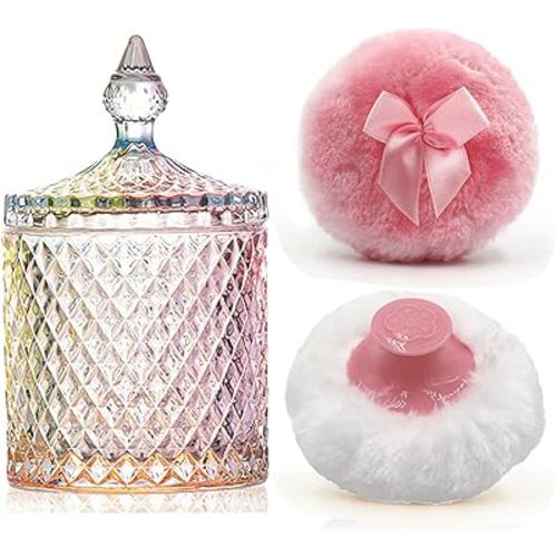 Luxury 4.2 Inch Glass Powder Container with 2 Plush Puffs｜Non-Sealed Refillable Organizer for Body Powder&Makeup｜Setting Powder Applicator w/Loose Powder Storage(Pointed Cylinder-Colorful-Large)