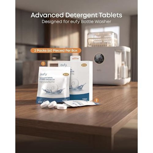eufy Official Detergent Tablets for Baby Bottle Washer, 60 Count (2 Packs), Deep Cleaning Washing Block for Spotless Bottles, Pump Parts, and Feeding Essentials, Removes Milk Residue, BPA-Free