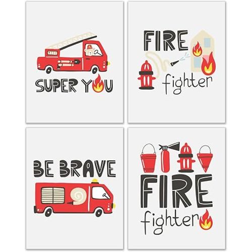 Picture This Prints Firefighter Kids Poster Prints, Set of 4 Inspirational Firetruck Nursery, Fire Truck Art for Boys Girls, Fire Engine Bedrooms, Fire Department Wall Art, Unframed Print, 8x10”