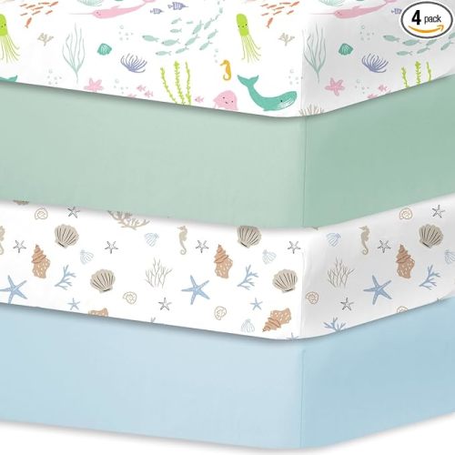 Bimocosy Crib Sheets 4 Pack, Baby Crib Sheets Fitted for Boys and Girls Breathable & Snug Fit, Soft Toddler Bed Sheets for Standard Crib Mattress Nursery Daycare Essentials, Ocean Friends