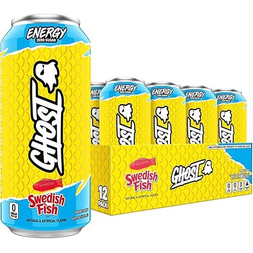 GHOST Energy Drink - 12-Pack, Swedish Fish, 16oz Cans - Energy & Focus & No Artificial Colors - 200mg of Natural Caffeine, L-Carnitine & Taurine - Gluten-Free & Vegan