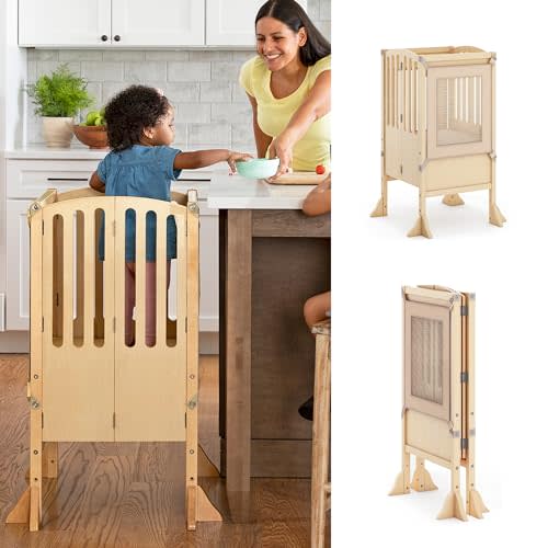 Guidecraft Kitchen Helper® Toddler Tower Step Stool - Contemporary - Natural: Folding Adjustable Height Montessori Wooden Learning Furniture with Keepers