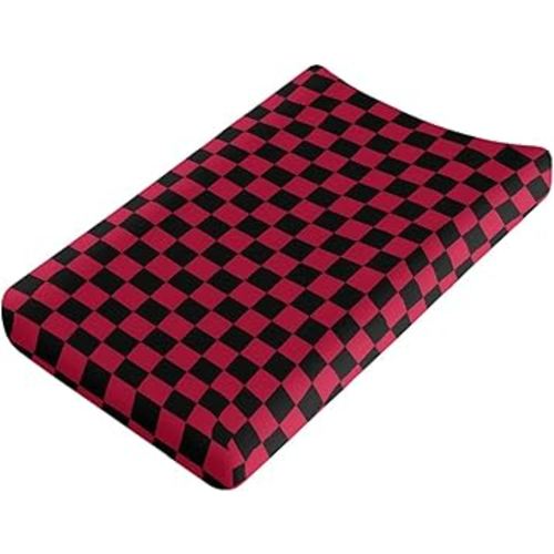 Black and Red Checkered Changing Pad Cover for Baby Girls Boys Cartoon Breathable Diaper Change Table Sheet Soft Stretchy Cute Change Table Mat Cover Fit 32x16