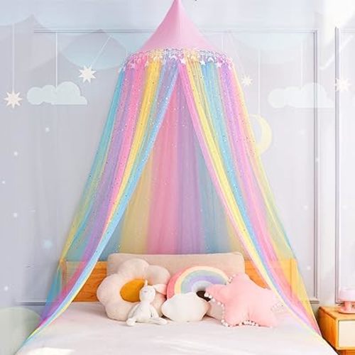 Rainbow Bed Canopy for Girls,Shiny Kids Princess Round Dome Bed Curtain with Star Moon Glitter,Kids Crib Canopy Play Tent Canopy Dreamy Bed Netting for Girls