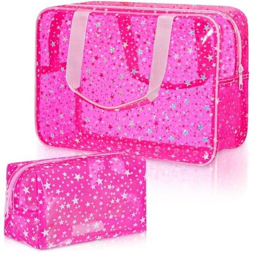 Aliceset 2 Pcs Large Clear Star Makeup Bag 12 x 5 x 8 Inch, Pink