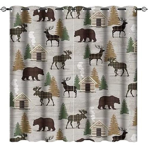 Camouflage Blackout Curtains, Country Style Farmhouse Lodge Bear Moose Deer Room Drapes Window Curtain for Bedroom Living Room Set of 2 Curtain Panels Home Fashion 42x63 Inch