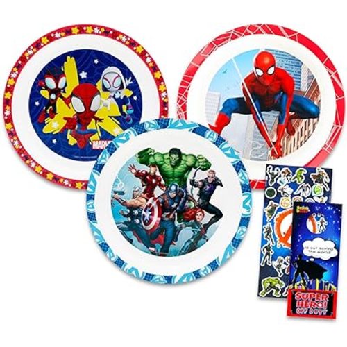 Superhero Dinnerware Set for Kids - 3 Pc Kitchen Accessories Bundle with Spiderman, Avengers, Spidey and Friends Plates Plus Stickers, More | Marvel Plates for Kids, Toddlers, Boys, Girls