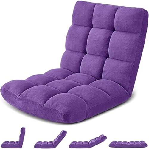 Folding Floor Gaming Chair, Adjustable 14-Position Backrest, 6-Inch Thick Flannel and Skin-Friendly Cotton Sponge, Breathable, Ideal for Gaming, Meditating, Sleeping, Purple