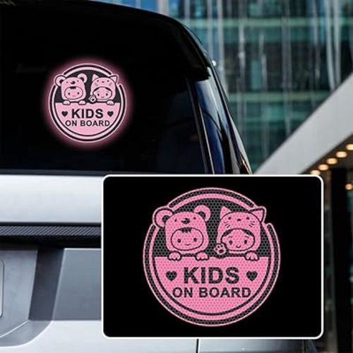 Iprokiu 2pcs Kids on Board Sticker for Cars Super Strong Reflective Funny Cute Baby in Car Sticker Safety Warning Sign Waterproof Auto Window Bumper Decal Baby on Board Car Sticker (Pink)