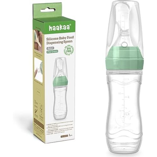 Haakaa Silicone Baby Food Dispensing Spoon Feeder 4oz - Infant Squeeze Cereal Feeder, Baby Fresh Food Feeder, Feed Bottle for Puree, Solid Baby Food, BPA Free, 4m+ Babies – Pea Green