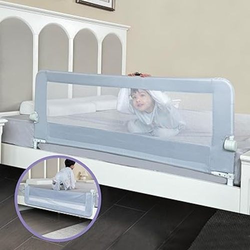 Grelife Foldable Bed Rail for Toddlers, Tall Toddler Bed Rails for Twin, Full, Queen Bed, Baby Bed Rail Guard with Reinforced Metal Frame & Breathable Mesh (1, Gray, 59.0")
