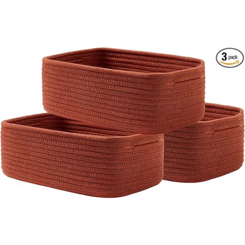 Small Woven Basket, 12 x 8 x 4.5 Inches, Storage Basket for Organizing, Cute Small Rope Shelf Closet Cube Storage Bins Baskets for Shelves, Dog Toy Gift Baskets Empty, 3 Pack Rust Red