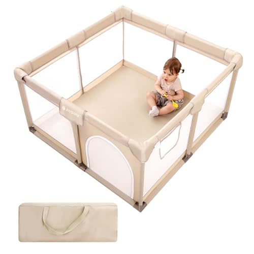 Joypony Baby Playpen, 50x50 in Small Play Pen for Babies and Toddlers, Playpen for Kids with Gate, Indoors Play Yard with Soft Breathable Mesh (Khaki)