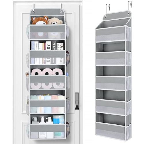 Yecaye Over The Door Organizer Storage, 5-Tier Heavy Duty Door Organizers Hanging with 10 Side Mesh Pockets, 44 lbs Load Capacity Behind Door Storage for Bathroom Nursery Bedroom Dorm Closet, Grey