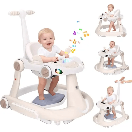 Baby Walker with Wheels, 5-in-1 Foldable Infant Toddler Walker for Boys Girls 6-18 Month, Music Walker for Baby with Car Steering Wheel &Removable Footrest,Baby Push Walker Beige