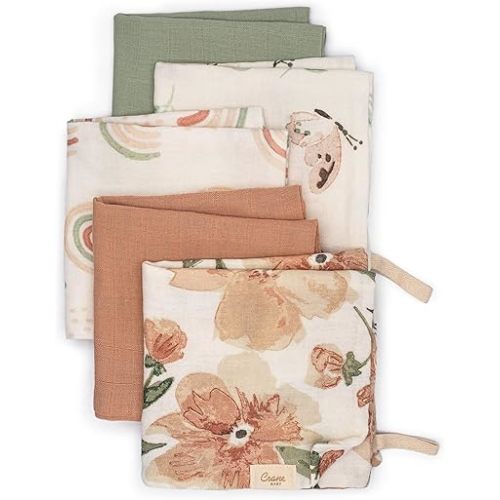 Crane Baby Wash Cloth Set, 100% Cotton, Set of 5 Baby Washcloths, Pink Floral Theme, Newborn Muslin Washcloths, Newborn Baby Gift, Baby Registry Gift