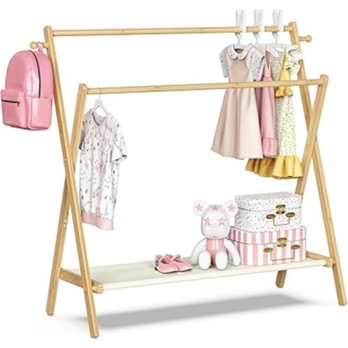 Kids Clothing Rack With Storage Shelf & Double Rods, Foldable Dress Up Clothes Rack for Toddler Nursery, Child's Room, 100% Natural Bamboo (Large Size)