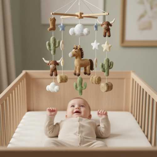 Handmade Cowboy Baby Mobile X Frame, Western Crib Mobile, Horse Nursery Decor, Crochet Farm Animal Mobile, Neutral Baby Gym Toy