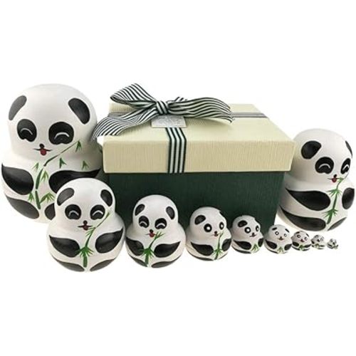 Apol Set of 10 Big-Belly Wooden Handmade Panda Bear with Bamboo Nesting Dolls Matryoshka Russian Doll in a Box with Bow for Kids Toy Home Decoration New Year