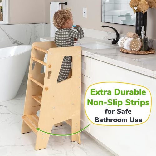 Toddler Standing Tower with 3 Safety Bars - Kitchen Stool Helper, Varnished | Non-slip strips for the steps and padded support feet for stability and confidence at the kitchen counter and bathroom sink