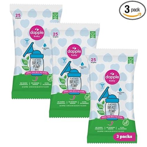 Dapple Baby Breast Pump Wipes - (3 Pack) 25 Count - Fragrance-Free, Plant-Powered & Hypoallergenic - Removes Milk Residue - Diaper Bag Essentials