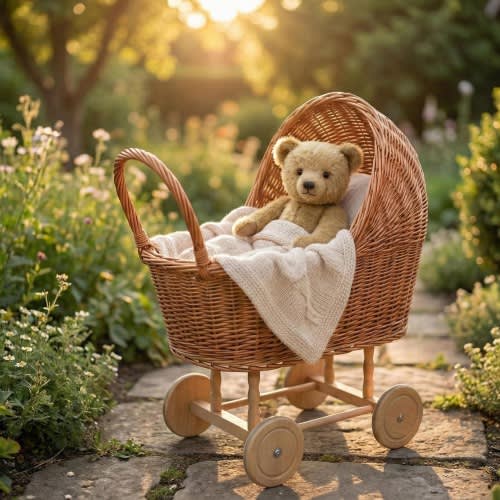 Natural Eco Wicker Doll Stroller With Bow and Bedding, Toddler Girl Gift | Wicker Baby Carriage | Handmade Wicker Bassinet on Wheels