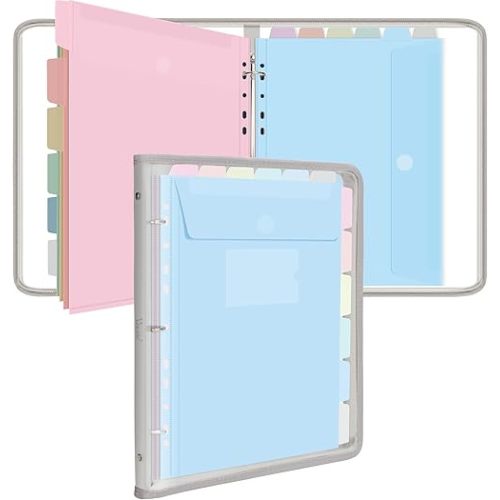 Uquelic Document Organizer, Soft PVC Binder with 12 Colorful Pockets - Zipper Binder 3 Ring with Dividers Letter Size (11'' x 8.5'')-Large Capacity Cute Folder for School, Office & Home Use (Grey)
