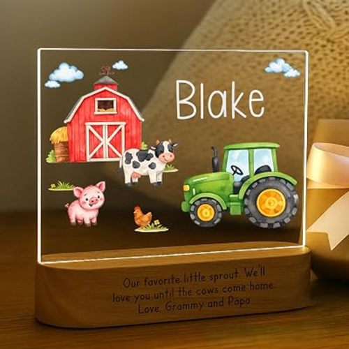 Farm Night Light for Kids | Personalized Baby Night Light with Barn & Tractor | Custom Name Farm Nursery Decor, Plug-in LED Nightlight | Custom Baby Shower Gifts for Newborns, Toddlers, Girls, Boys