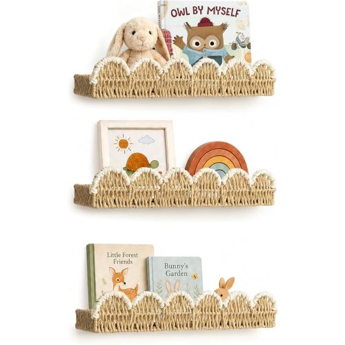 Scalloped Nursery Bookshelf Set of 3, Woven Rattan Wall Shelf Beige