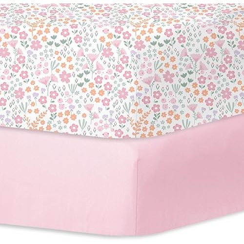 Little Grape Land Crib Sheets for Baby Boys Girls 2 Pack, Soft and Breathable Baby Crib Sheets 52"x28", Crib Mattress Sheet Neutral for Standard Crib and Toddler Bed Mattress, (Pink Flowers)