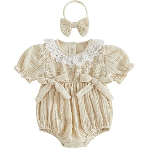 Newborn Baby Girl Clothes Cotton Linen Smocked Bubble Romper Short Sleeve Lace Collar Jumpsuit Infant Summer Outfit