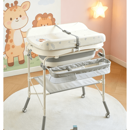 ICEELF 2-in-1 Baby Bathtub & Changing Table, Foldable Diaper Changing Station with 4 Wheels, Adjustable Height Portable Nursery Organizer with Waterproof Pad & Storage Rack for Newborns & Infants