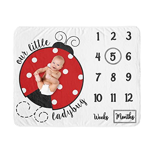 Sweet Jojo Designs Little Ladybug Girl Milestone Blanket Monthly Newborn First Year Growth Mat Baby Shower Memory Keepsake Gift Picture - Red Black and White Polka Dot