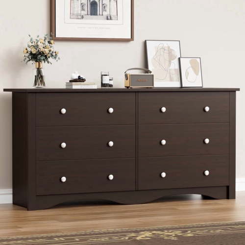 Vineego Rustic Modern Chest of 6 Drawers,Extra Wide Double Dresser for Master Bedroom or Nursery Storage,Brown