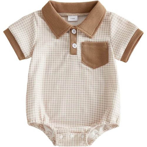 Newborn Baby Boy Summer Clothes Waffle Short Sleeve Lapel Button Romper Up Loose Fit Plaid Jumpsuit Baby Boy Outfit