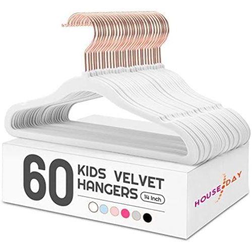 House Day Velvet Kids Hangers 60 Pack, Premium Childrens Hangers for Closet, Ultra Thin Cute Hangers Kids Clothes Hanger, Non Slip Kids Felt Hangers 14 Inch, Small Hangers for Kids Clothes, White